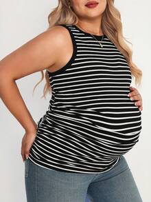 Plussiva 孕妇加大码条纹圆领休闲百搭背心 - 黑與白 - 查看 4