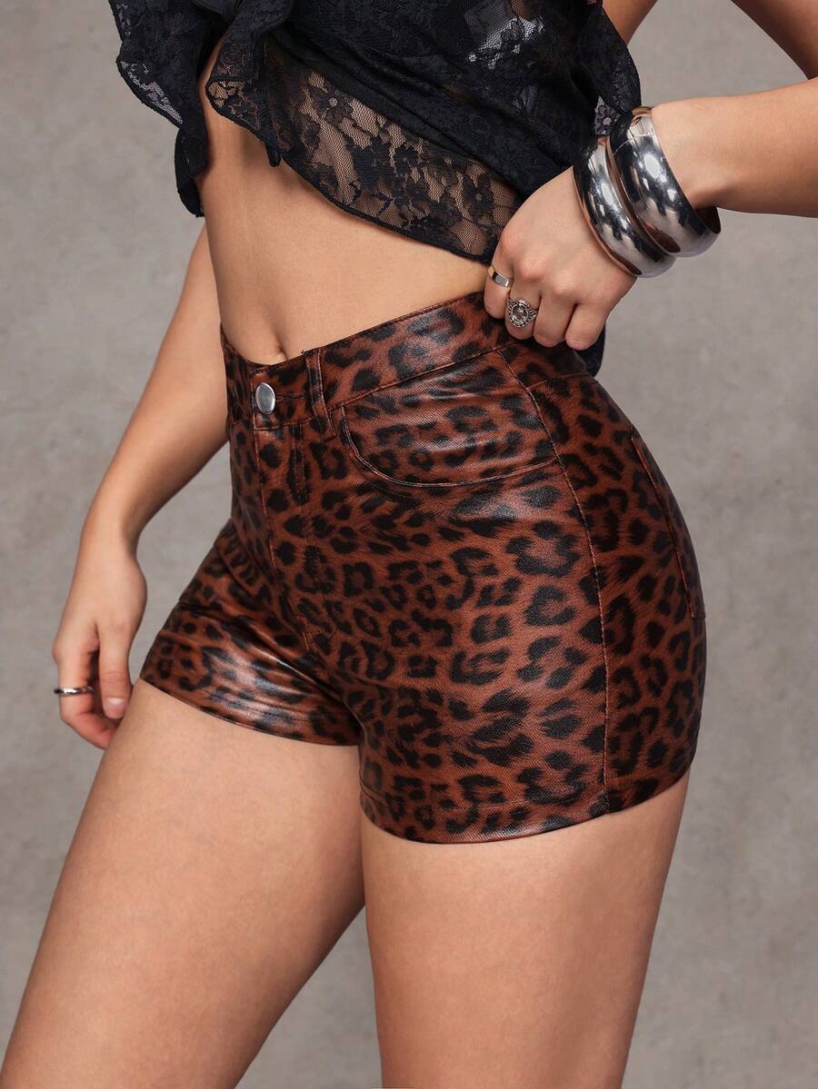 Flirla Y2K Women Comfortable Leopard Print Coated Shorts - Brown - View 1