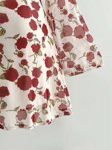 Soleia 大码女式玫瑰花卉印花蕾丝边蝴蝶结装饰喇叭袖迷你连衣裙，度假及情人节 - 彩色 - 查看 10