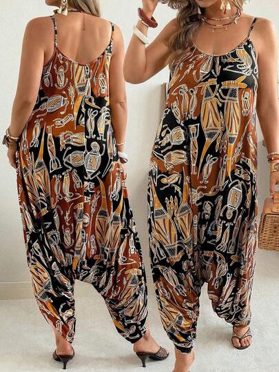 Ceyna Plus Size Women's Vacation All-Over Print Spaghetti Strap Bohemian Loose Jumpsuit