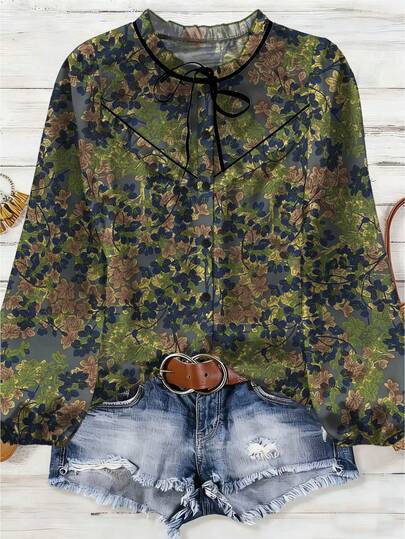 EMERY ROSE 大码女式艺术叶印花衬衫，复古油画风格宽松衬衫，带丝带装饰，适合所有季节的小众设计