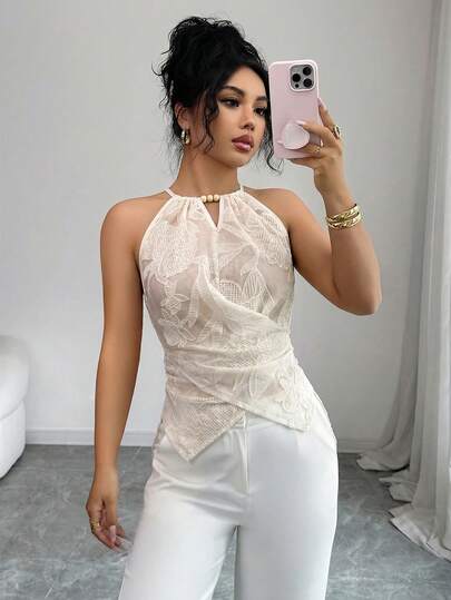 Elenzga Kayısı rengi jakarlı kumaştan, kolsuz, önü bağlamalı, kruvaze bluz, İlkbahar/Yaz