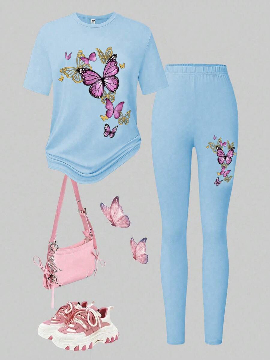 Teens' Casual All-Match Versatile Commute Daily Sports Butterfly Pattern Black Round Neck Short Sleeve T-Shirt + Leggings Set - Blue - View 1