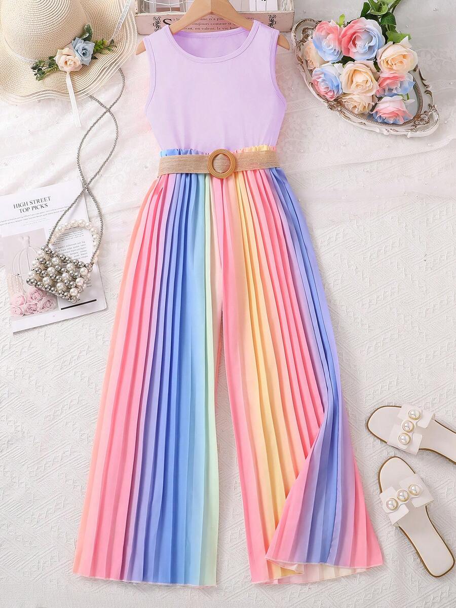 Bộ đồ cho bé gái tuổi teen gồm áo tank top không tay cổ tròn và quần ống rộng xếp ly nhiều màu sắc, thích hợp cho đi làm và mặc thường ngày, mùa xuân/hè. - Màu tím - Xem 1