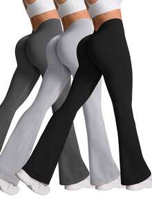 SHEIN Velisys 3件套女士黑色、深灰色、浅灰色无缝弹力高腰褶皱瑜伽喇叭裤，适合跑步、骑行、健身、户外休闲穿着，春夏秋冬皆宜。 - 彩色 - 查看 1