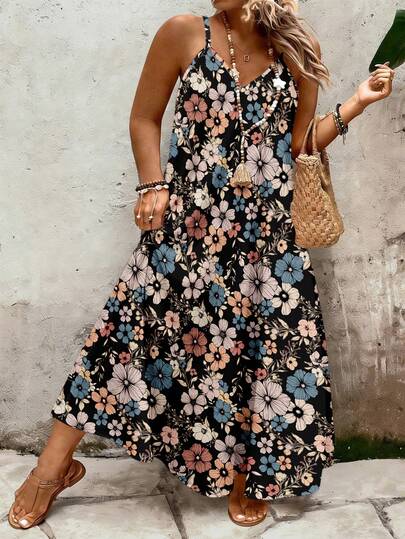 EMERY ROSE Vestido de tirantes con estampado floral para mujer talla grande, vestido casual y cómodo para vacaciones
