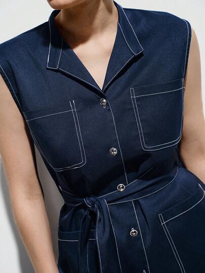 Aveloria Modichic Navy Blue Contrast Stitching Lapel Sleeveless Vest, Button Front, Drawstring Waist, Wide Leg Pants, Multi-Pocket Design, Crisp Smooth Fabric, Casual Workwear Style, Suitable For Daily Commute, Weekend Leisure, City Travel, Outdoor Activities, Office Casual Occasions, Showcasing Practical And Fashionable Elements. New Women's Belted Lapel Sleeveless Metal Buckle Decor Wide Leg Pants Casual Loose Slouchy Commuter Tie-Up Two Pieces Set