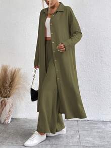 SHEIN LUNE Women's Solid Color Long Sleeve Single-Breasted Long Shirt And Pants Casual 2 Pieces Set - Army Green - View 4