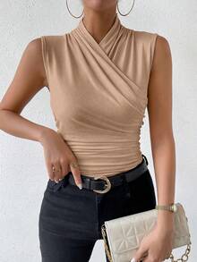 RosyDaze Women's Summer Casual Commute Vacation Solid Color Surplice Neck Ruched Slim Fit Tank Top - Khaki - View 3