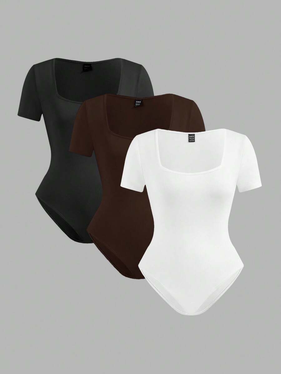 SHEIN EZwear 3件套女士纯色方领休闲百搭短袖连体衣 - 彩色 - 查看 1