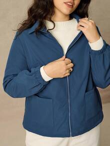 Juhart Plus Size Women's Solid Color Long Sleeve Zip-Up Wool Casual Jacket, Autumn/Winter - Blue - View 5