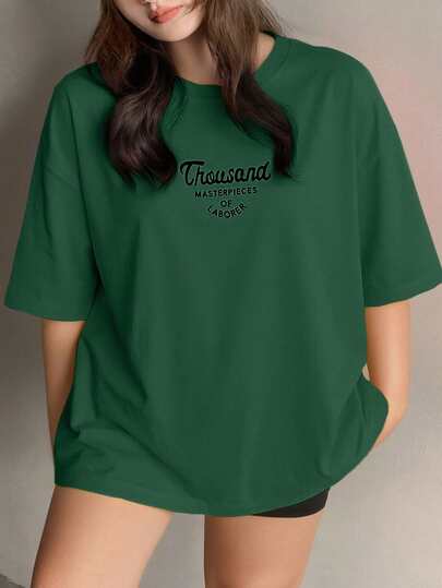 Dazy Plus 加大码字母印花宽松圆领短袖酒红色T恤