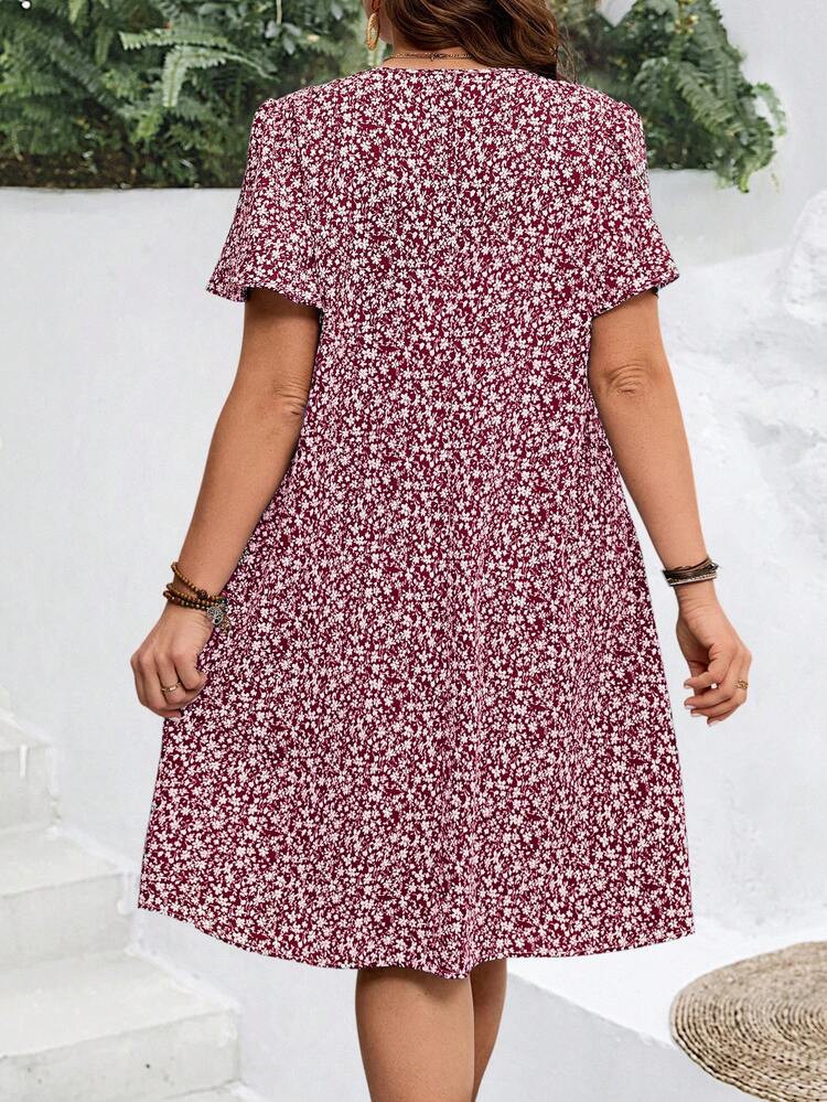 Plus Size Women's Summer Ditsy Floral Ruffle Sleeve Holiday Dress
