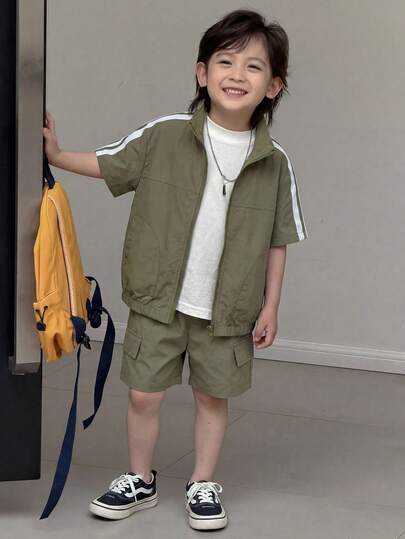 3pcs Set Young Boys Stand Collar Cardigan, Short Sleeve Top And Shorts, Casual Outfit Suitable For Commuting, School, Daily Wear, Sports, Summer