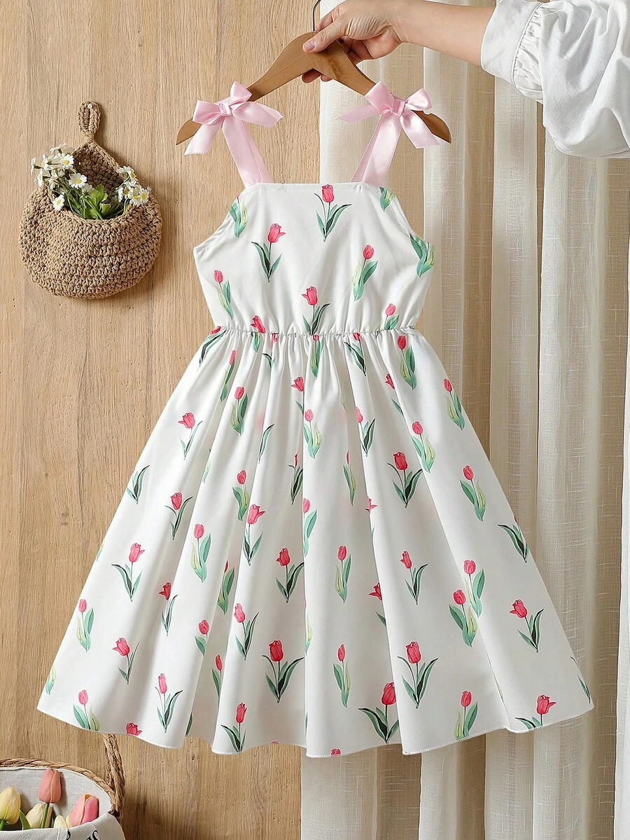 Vintaside Kids 少女优雅粉色连衣裙,玫瑰花卉印花吊带荷叶边蝴蝶结肩部A字裙,适合度假、上学、郊游、春夏穿着 - 白色 - 查看 1