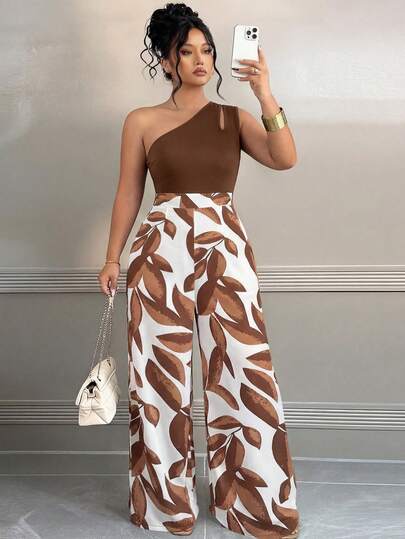 Elenzga Mono recto con hombros oblicuos y estampado de retazos para mujer talla grande