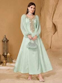 SHEIN Najma Đầm thời trang cổ điển lãng mạn tay phồng họa tiết hoa, thắt eo dành cho nữ - Màu xanh Bạc hà - Xem 6