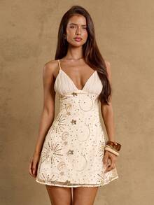 SHEIN BAE 1. Apricot Sequin Elegant Sexy Pleated Cup Embroidery Solid Fitted A-Line Mini Dress, Women's Wedding Season Sexy Elegant Deep V Pleated Bust Embroidery Fitted Waist Romantic Embroidery Dress, Women's Wedding Guest Dress, Women's Party Dress - Apricot - View 3