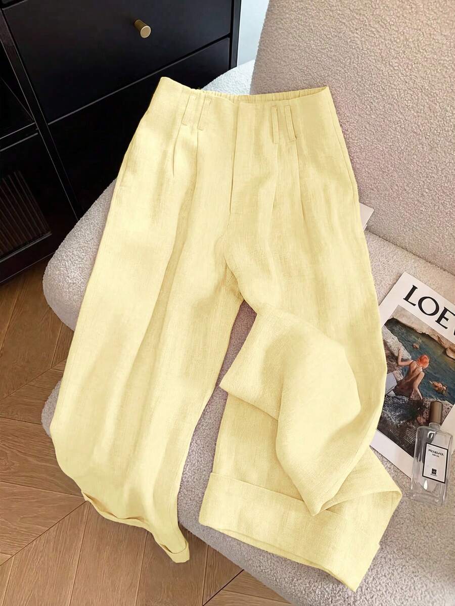 GlowEve 女士粉色垂褶面料仿门襟设计,卷边下摆,优雅职业装,适合教师、学生、度假、休闲穿着,春夏新款时尚宽松阔腿直筒裤 - Butter Yellow - 查看 1