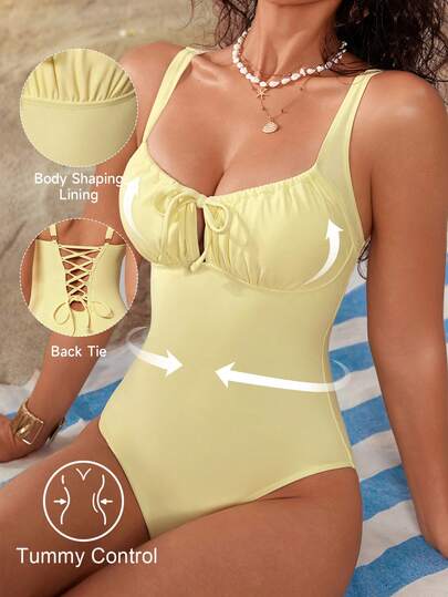 Shapewave Traje de baño de una pieza con pliegues anudados de unicolor para mujer, casual para vacaciones en la playa