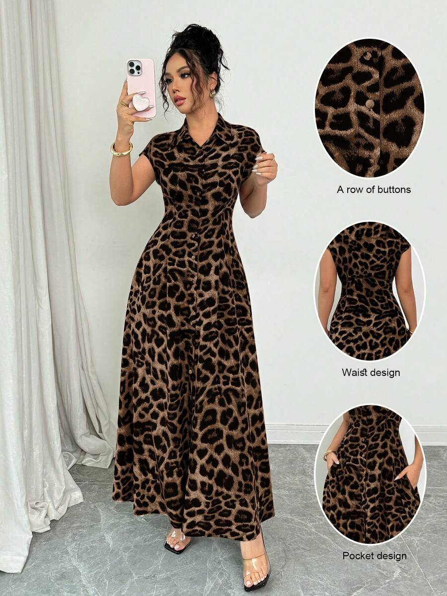 Rafferiza Women's Elegant Leopard Print Collared Short Sleeve Button Down Waist Dress - Volcanic Gray - View 1