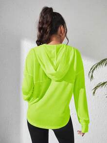 Sovereign Charm Women's Casual Commuter Solid Neon Green Drop Shoulder Loose Zip-Up Drawstring Hooded Sports Jacket - Green - View 2