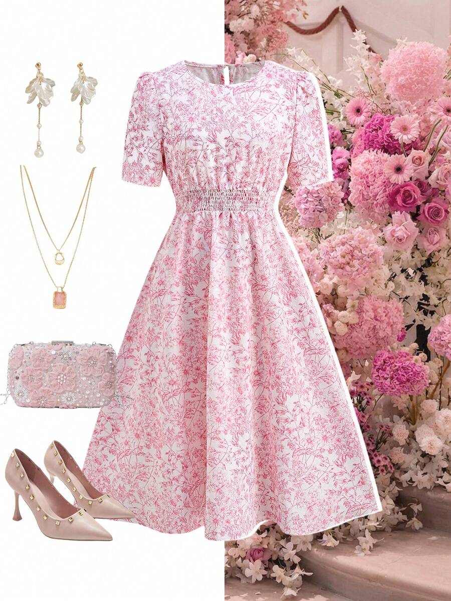 Ellevyn 收腰圆领吊带连衣裙，浪漫度假连衣裙