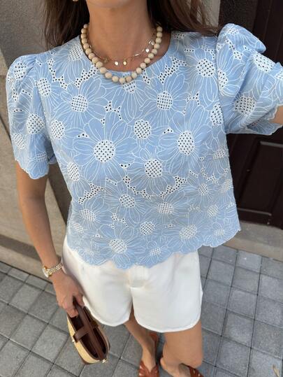 Solivie Women's Blue Embroidered Short Sleeve Top, Elegant Resort Wear