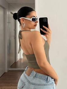 SHEIN ICON 女士纯色吊带系腰休闲上衣 - 橄欖綠 - 查看 2