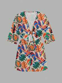 Slaydiva Vacation White Front Tie Hollow Out 3/4 Sleeve Loose Jumpsuit, Suitable For Summer - Multicolor - View 4