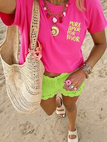 EMERY ROSE Plus Size Women Letter Print Round Neck Short Sleeve Casual T-Shirt - Hot Pink - View 2
