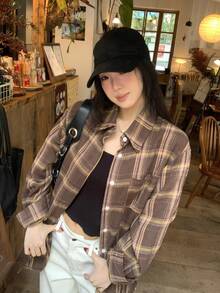 DAZY 女士格子印花纽扣长袖休闲衬衫 - 棕色 - 查看 3