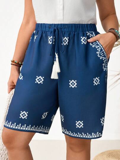 EMERY ROSE Short décontracté pour femmes grandes tailles avec motif géométrique, cordon de serrage à la taille, poches et franges
