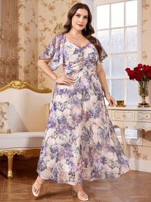 Reflora 大码浪漫优雅女士雪纺紫色印花蝙蝠袖荷叶边甜美法式夏季连衣裙，紫色连衣裙，浪漫优雅连衣裙，粉色连衣裙，沙滩度假连衣裙 - 彩色 - 查看 4