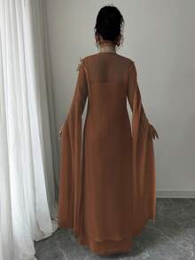 Rafferiza Women's Dignified, Elegant And Graceful Applique Decorated Robe And Dress Set - Coffee Brown - View 2