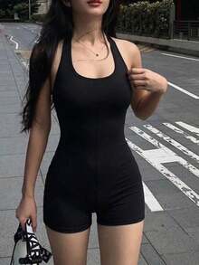 SHEIN Teen Girls Sleeveless Jumpsuit & Shorts, Elastic Slim-Fit Romper - Black - View 1