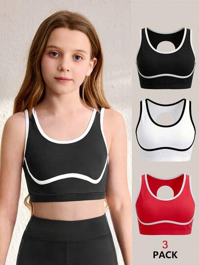 Tween Girls 3pcs Yoga Scene Hollow-Out Contrast Color Detachable Chest Pad Sports Bra, Moisture Wicking Absorbs Sweat, High Stretch Comfortable, Suitable For Fitness, Running, Badminton, Basketball, Tennis