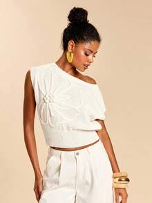 Travachic Áo dệt kim vai ngang họa tiết hoa 3D thường ngày dành cho nữ - trắng - Xem 5