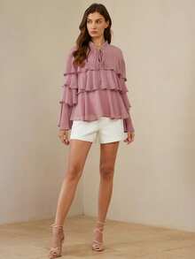 Aveloria Rosie 法式复古极简优雅雪纺褶裥立领系带荷叶边下摆宽松修身女式衬衫 - 粉色 - 查看 4