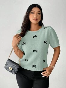 Vionelle Minimalist Sweet Casual 3D Bow Round Neck Knitted Plus Size Sweater Boutique Tops For Women Blouse For Women Casual Elegant Latest Tops For Women New Arrivals Premium Tops For Women Trending Tops For Women Cute Tops For Women Casual Tops For Women Butterfly Top For Women Business Casual Women Tops Clothes For Ladies - Mint Green - View 3