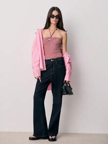 Nöista Top corto de cuello halter de punto a rayas, con escote con cuentas, con lazo y moño en la espalda para ajustar. Primavera, verano, Pascua, ropa de playa, estilo callejero. - Rojo - Ver 3