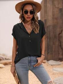 SHEIN LUNE Camiseta con capucha de unicolor casual para mujer, de verano - Negro - Ver 4