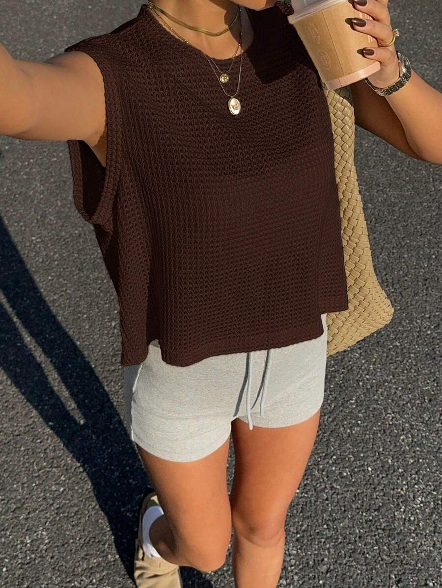 Siren Gaze Tank Top Kasual Wanita Tanpa Lengan Longgar Warna Polos dengan Bahan Waffle, Serbaguna untuk Musim Semi/Panas - Coklat - View 1