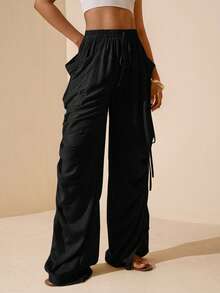 Vesra Women's Solid Color Side Ruched Drawstring Pocket Pants Vacation Black Summer Boho Casual - Black - View 5