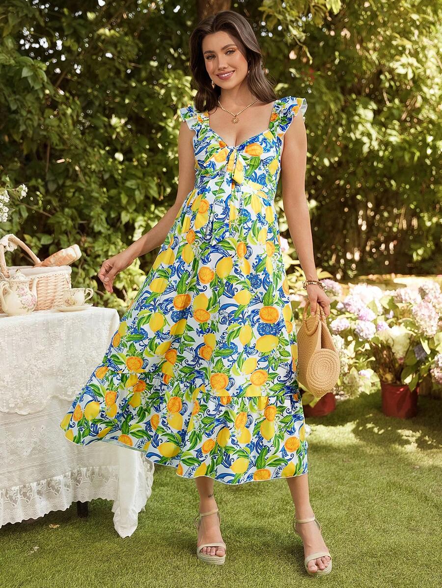 SHEIN 波西米亚风孕妇连衣裙，泡泡袖，腰部系带，春夏休闲度假装 - 彩色 - 查看 1