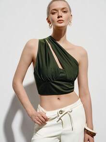 Aveloria Modichic Women's Army Green Summer Seksi Chic Club Night Shimmering One Shoulder Asymmetric Cutout Front Ruched Slim Cropped Y2k Top With Inner Tube Structure - Army Green - View 6