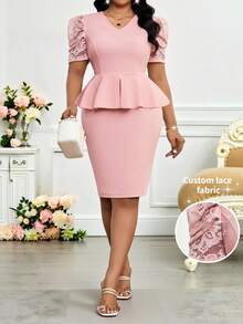 SHEIN Lady Bộ đồ 2 mảnh dành cho nữ cỡ lớn, gồm áo ngắn tay cổ chữ V phối ren, thời trang cho công sở và các buổi đi chơi. - Hồng - Xem 2