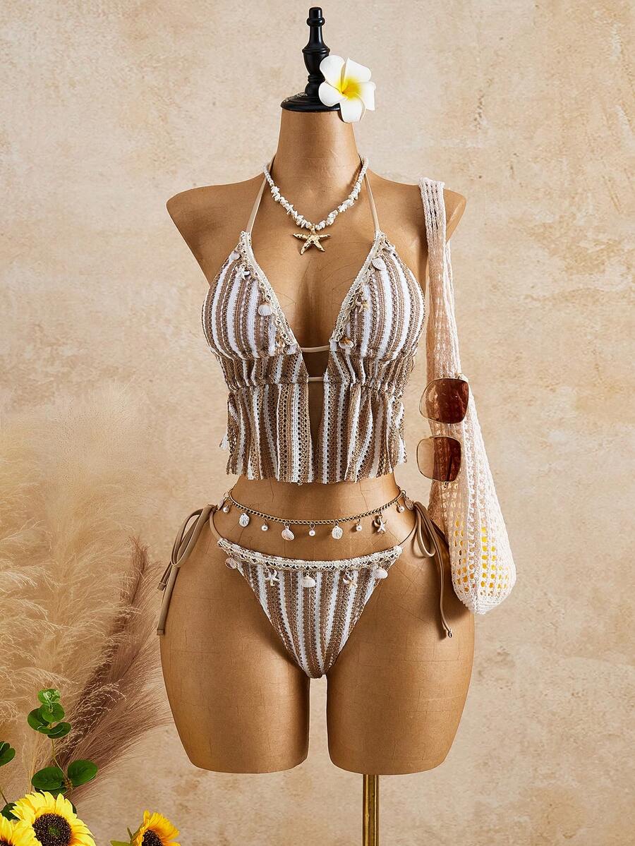 Bellisia 女士条纹褶皱挂脖系带吊带背心式泳衣套装，包含上衣和三角泳裤，适合夏季度假 - 卡其色 - 查看 1