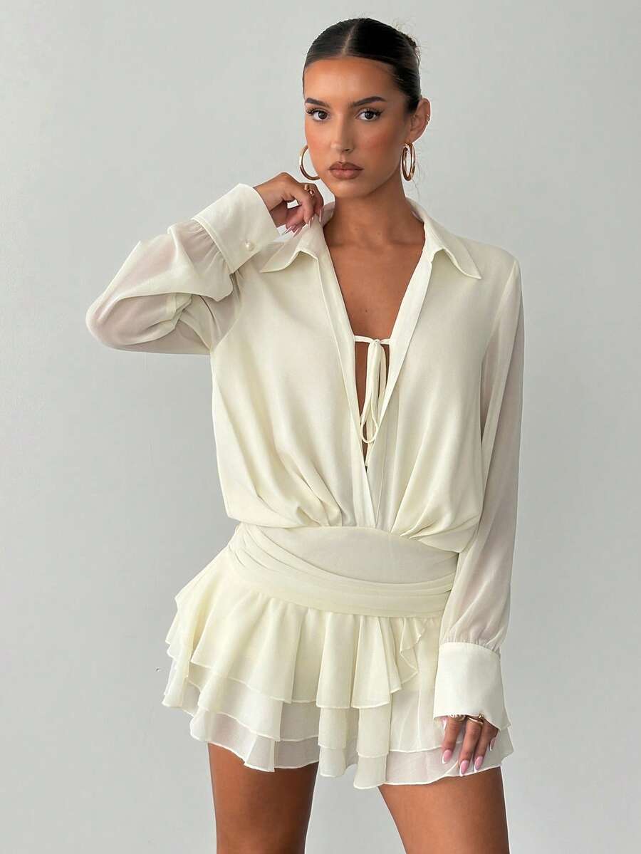 Siren Gaze Women Shirt Collar Tie Front Ruched Waist Layered Ruffle Hem Mini Dress, Elegant Ladies Dress, Wedding Guest Dress, Multi-Layer Ruffle Hem Design, Graceful Ladies Apparel,  Ruffle Mini Dress For Casual Brunch White Ruffle Dress White Mesh Dress Off White Dresses For Women White Long Sleeve Dress - Apricot - View 1