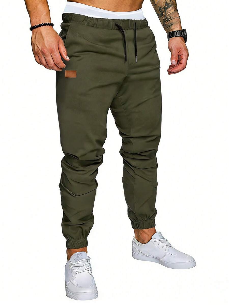 Manfinity Homme Quần nam có chi tiết vá, dây rút ở eo. - Màu xanh Ô liu - Xem 1